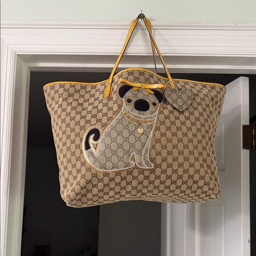 Gucci Beige Monogram Tote with Yellow Trim and Pug Dog Appliqué
